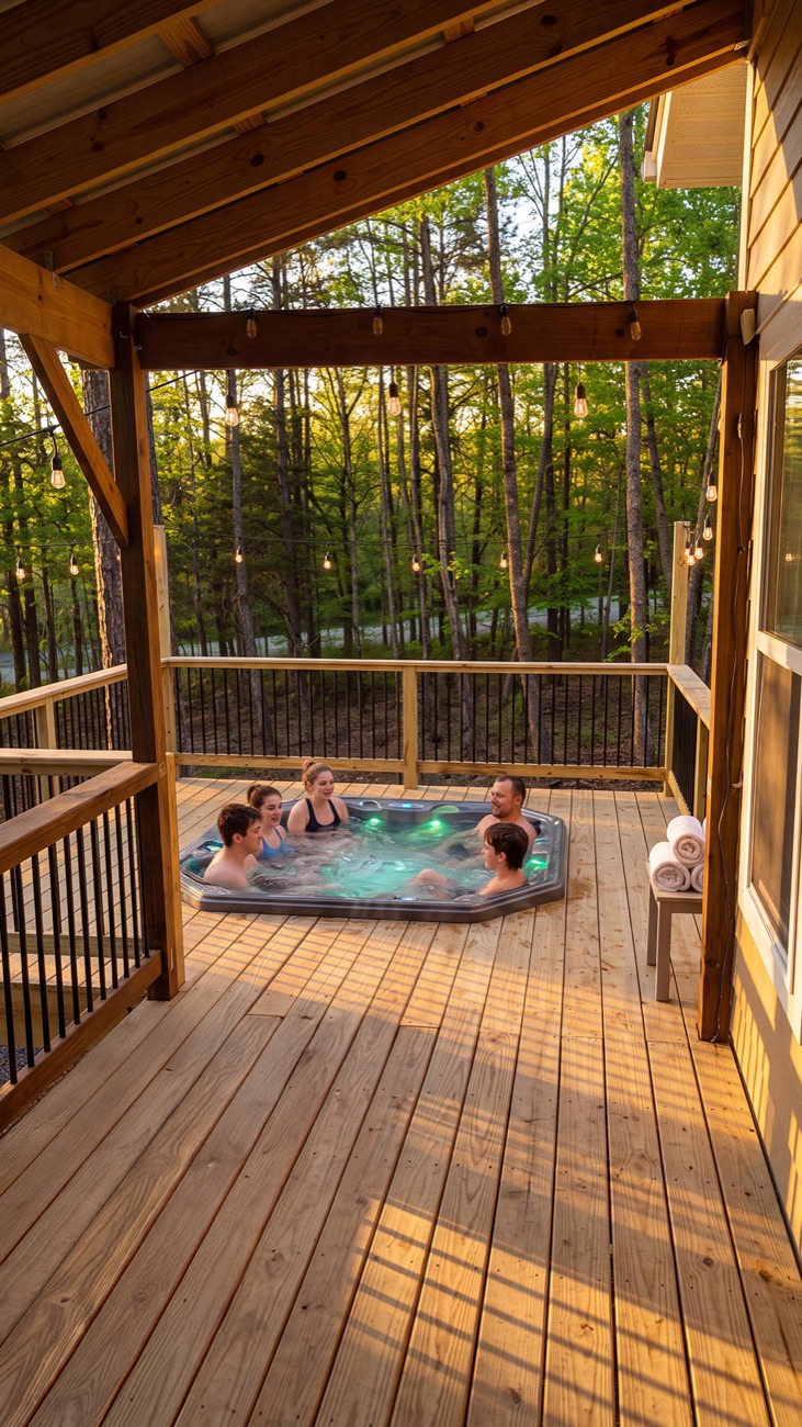 Guests sitting in a lit hot tub set into the plank deck of a covered cabin porch, with rolled towels on a bench and string lights above the rail.
