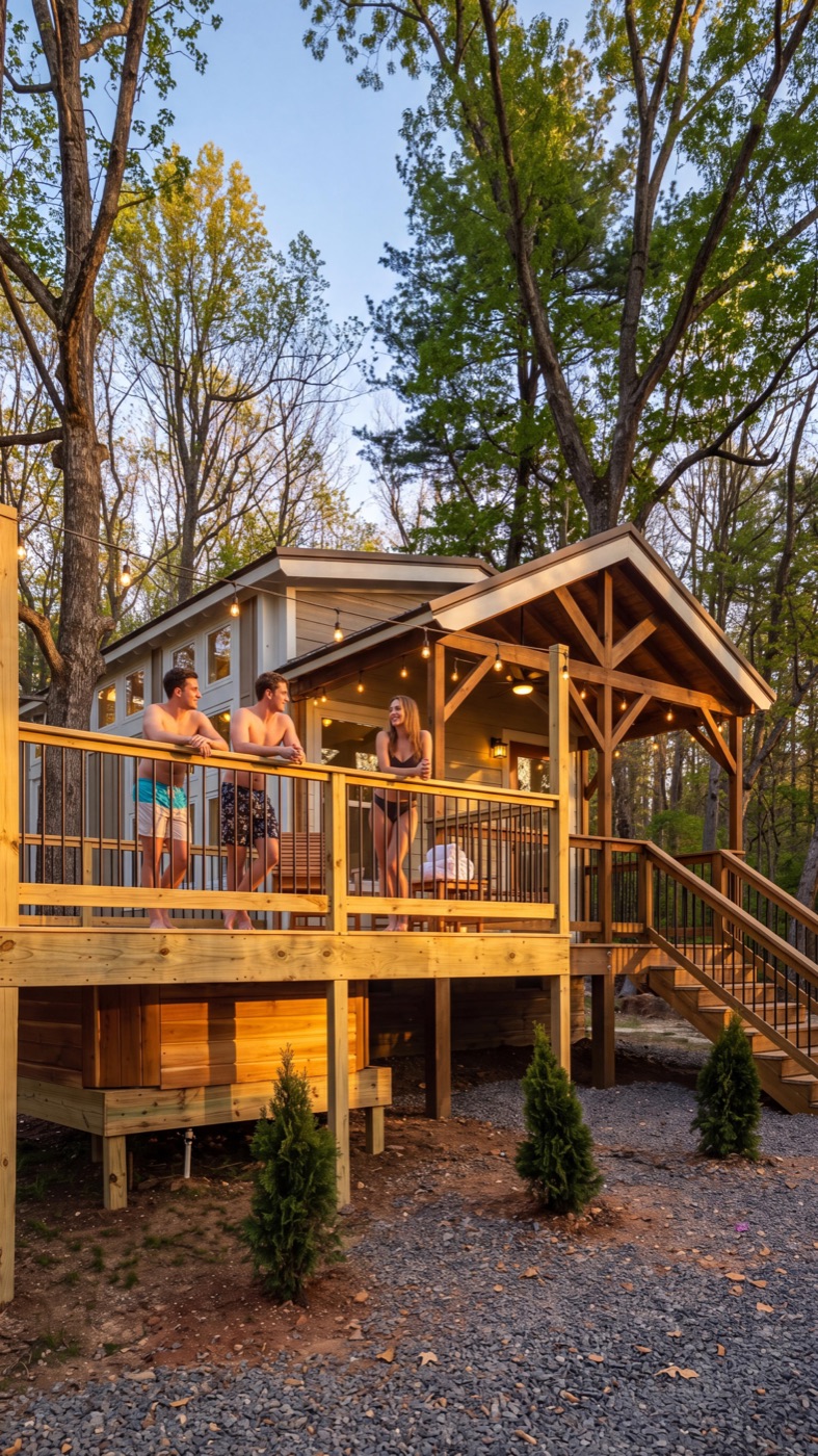 Guests gathered on the covered deck of a Ridge and Falls cabin at dusk, surrounded by tall trees.