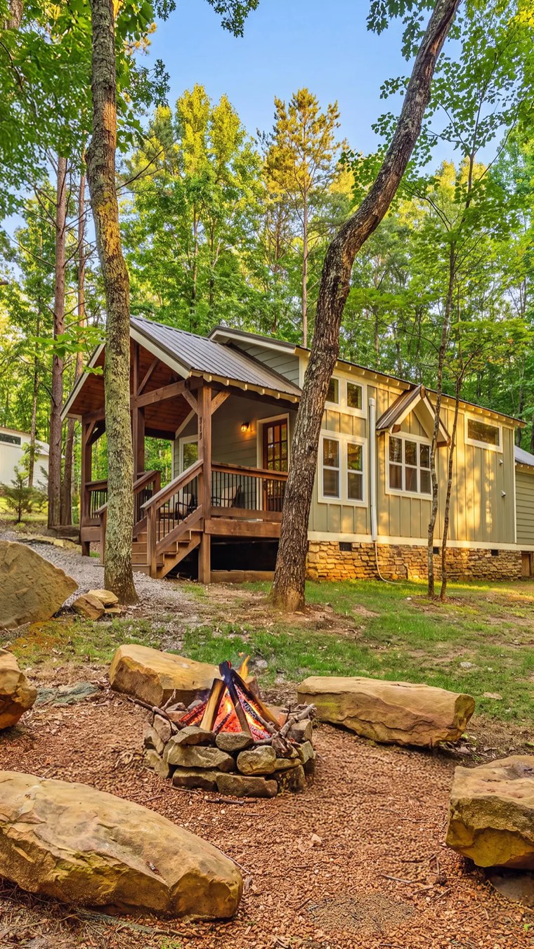 Bluebell Hideaway at Ridge & Falls: a board-and-batten cabin with a covered porch, set among tall trees behind a stone fire pit.
