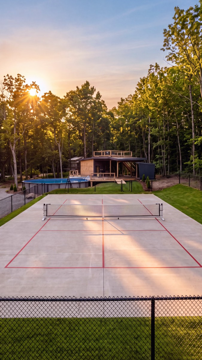 The outdoor pickleball court at sunset, with the pool and the pavilion on the rise beyond it.