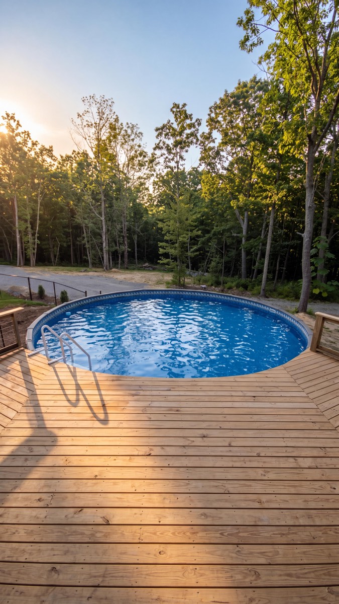The pool set into its wraparound cedar deck, low sun coming through the woods behind it.