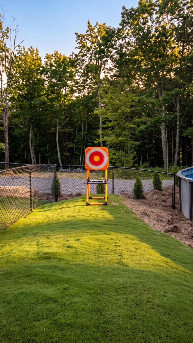 A bullseye target standing on the mown lawn at the treeline, with the pool deck just visible at the right.