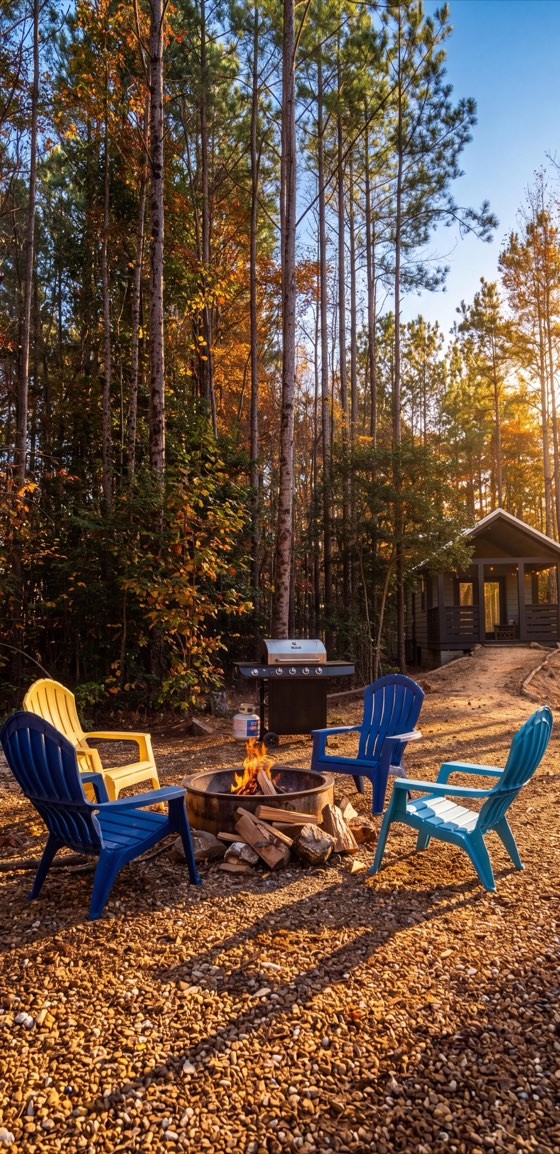 A lit fire pit ringed by four Adirondack chairs on gravel, with a propane grill and a cabin's covered porch behind it among tall pines in autumn colour.